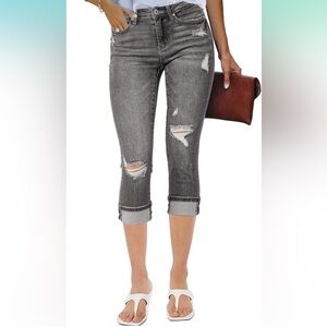 Luvamia Women Casual High Waist Ripped Capri Jeans Gray XL 16 18